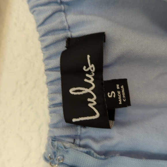 Lulus Pure Serenity Off-the-Shoulder Mini Dress Blue Sz Small Balloon Sleeves - Picture 11 of 13
